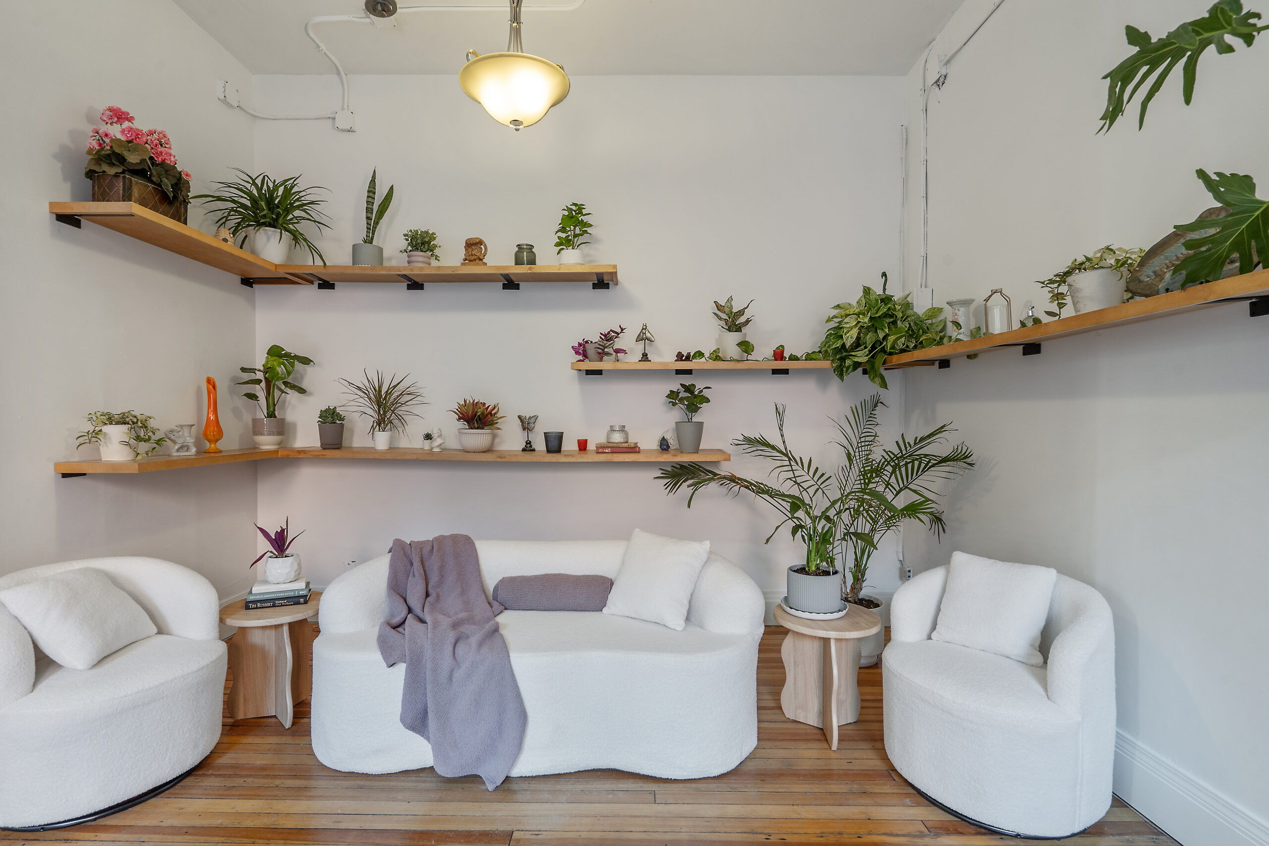 Natural light photo studio in Syracuse with cozy white sofa and plant-lined shelves